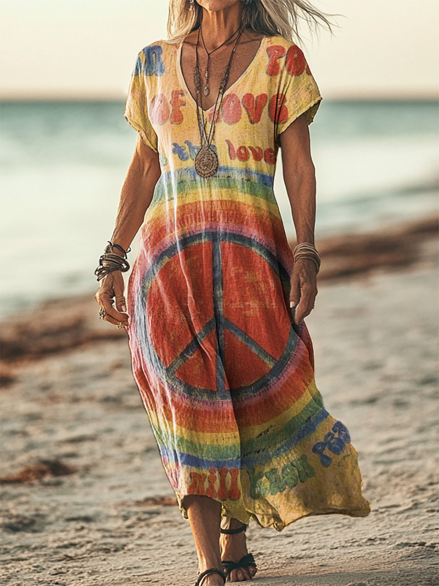 Women's Vintage Rainbow Hippie Peace Art Print Short Sleeve Pocket Cot