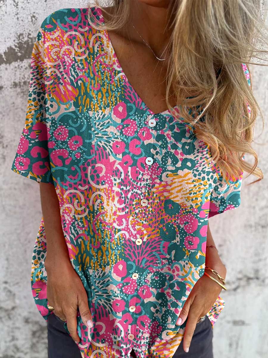 Women's Elegant Floral Shirt Style Cotton and Linen Top
