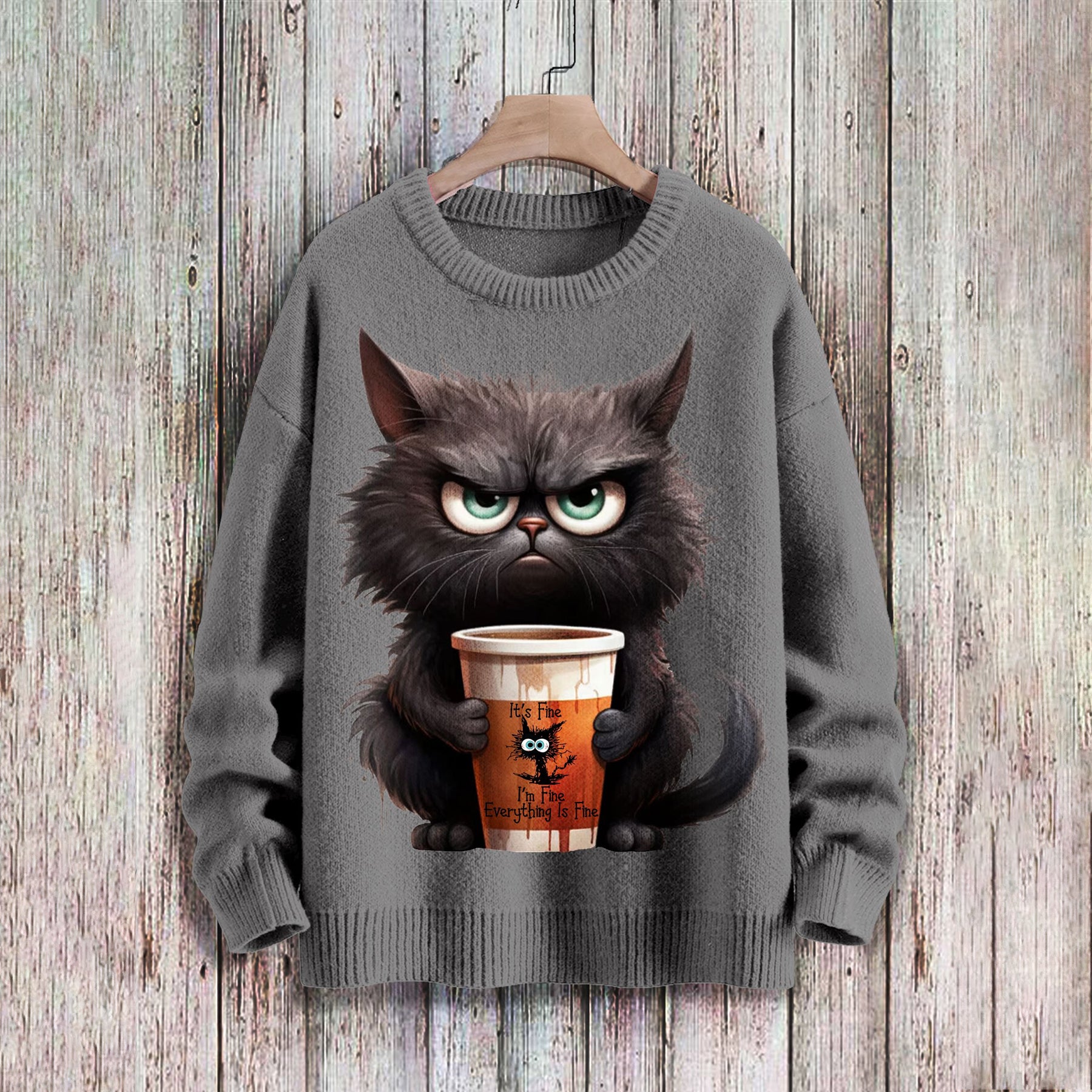 Funny Cat Art Print Knit Pullover Sweater elevenforest