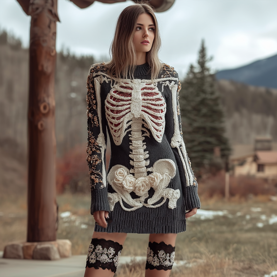 Halloween Human Anatomy Pattern And Flower Pattern Combined Design Women's Round Neck Knit Sweater Dress artswardrobe