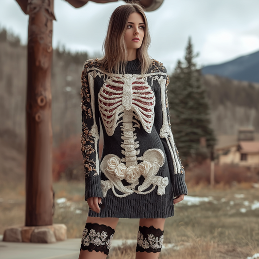 Halloween Human Anatomy Pattern And Flower Pattern Combined Design Women's Round Neck Knit Sweater Dress artswardrobe