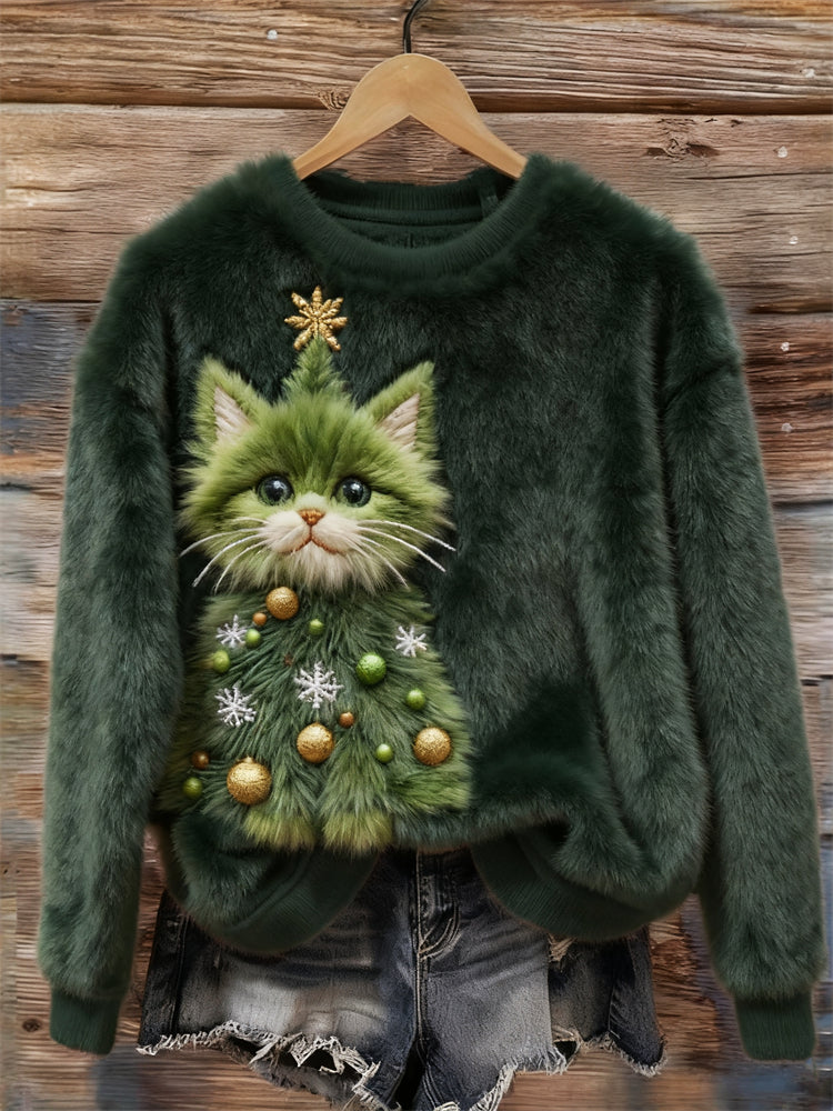 Comstylish Funny Christmas Tree Cat Cozy Plush Sweatshirt