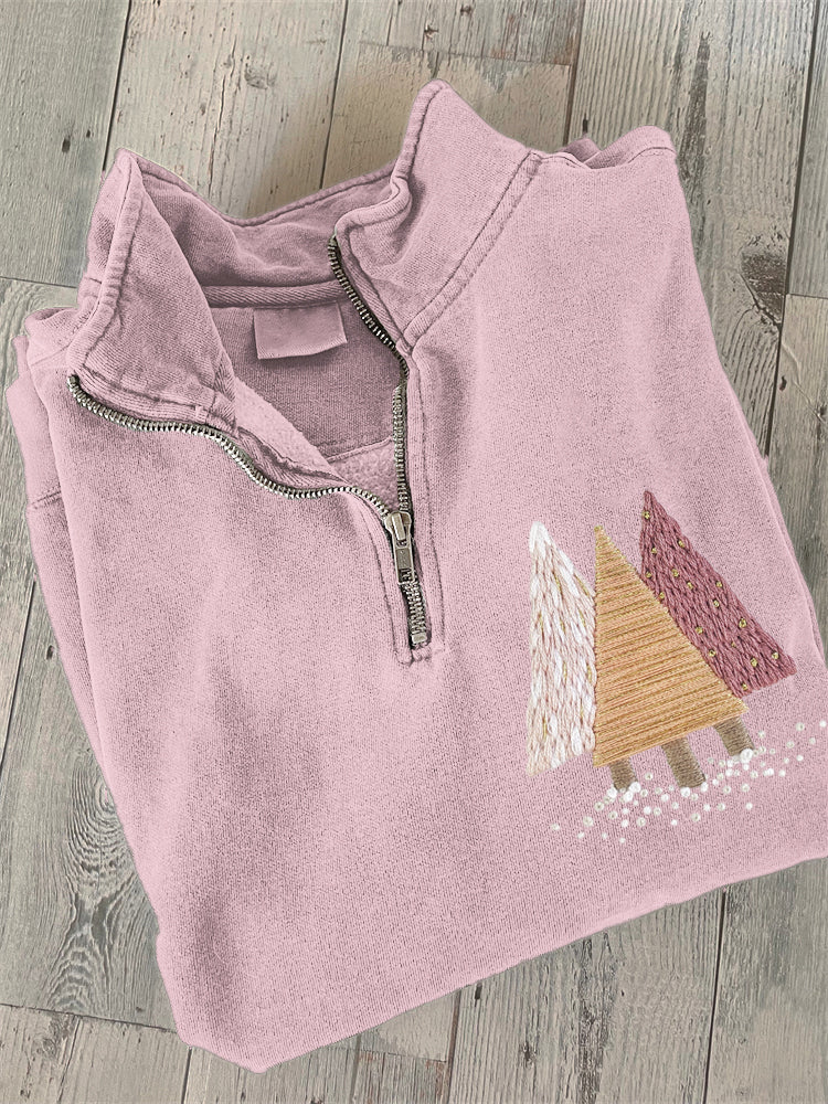 Comstylish Christmas Trees Embroidery Collar Zipper Sweatshirt