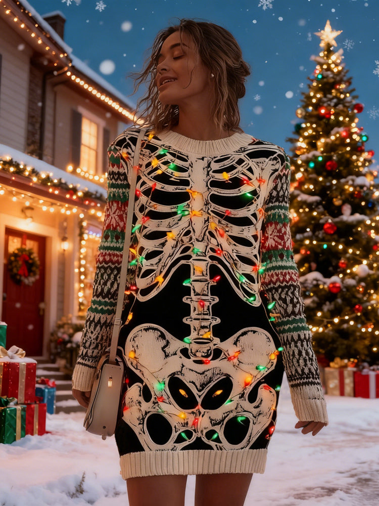 Comstylish Vintage Christmas Lights Tangled Skeleton Cozy Knit Sweater Dress