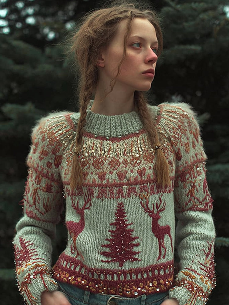 Women's Christmas Tree And Elk Fair Island Make Old Green Round Neck Sweater artswardrobe