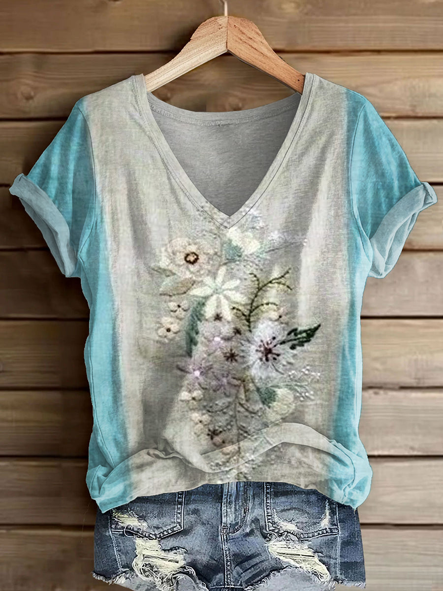 Women's Bohemian Floral Art Print V-neck Casual T-Shirt