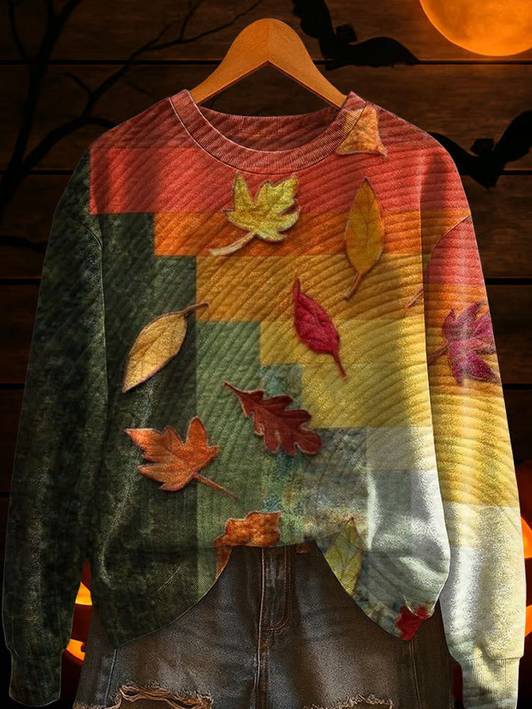 Comstylish Women's Autumn Leaves Print Casual Round Neck Sweatshirt