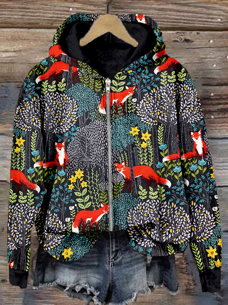 Fox in the Forest Graphic Zip Up Comfy Hoodie artswardrobe
