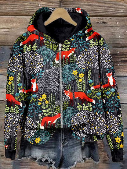 Fox in the Forest Graphic Zip Up Comfy Hoodie artswardrobe