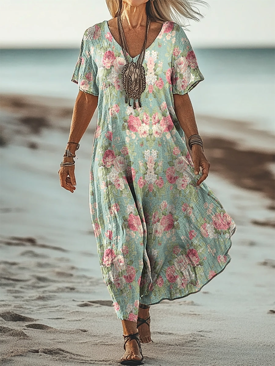 Women's Spring Floral Art Print Flowy Pocket Cotton Dress