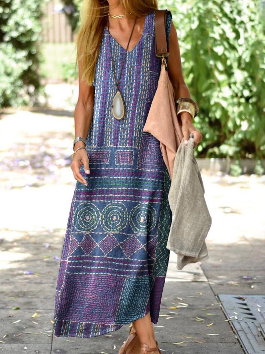 Women's Kantha Floral Pattern Loose Cotton and Linen Tank Top Dress