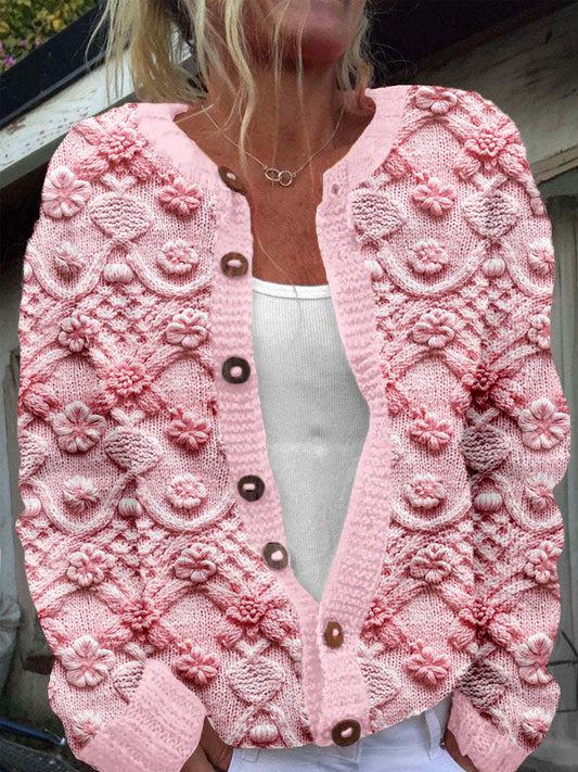 Pink Awareness Knitted Pattern Crew Neck Cozy Cardigan elevenforest