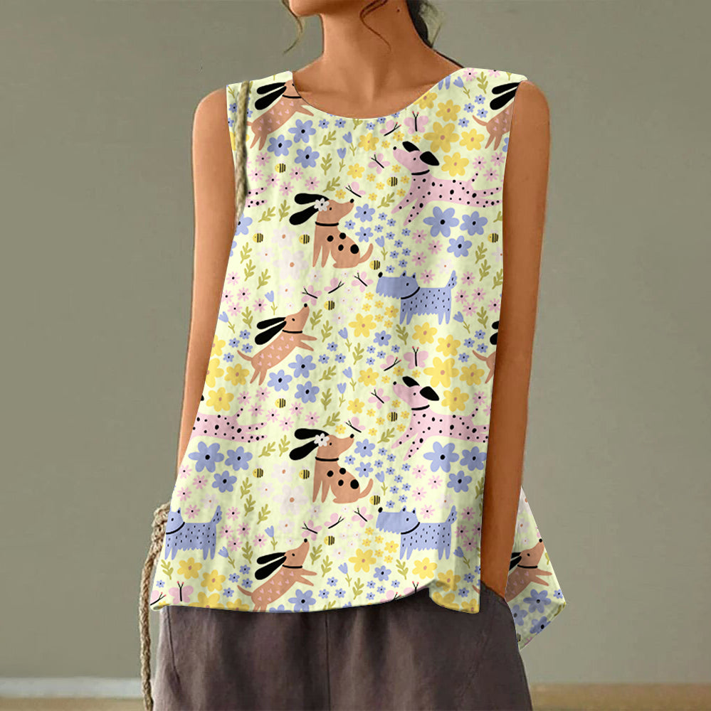 Comstylish Flower Dog Art Print Linen Blend Tank Top