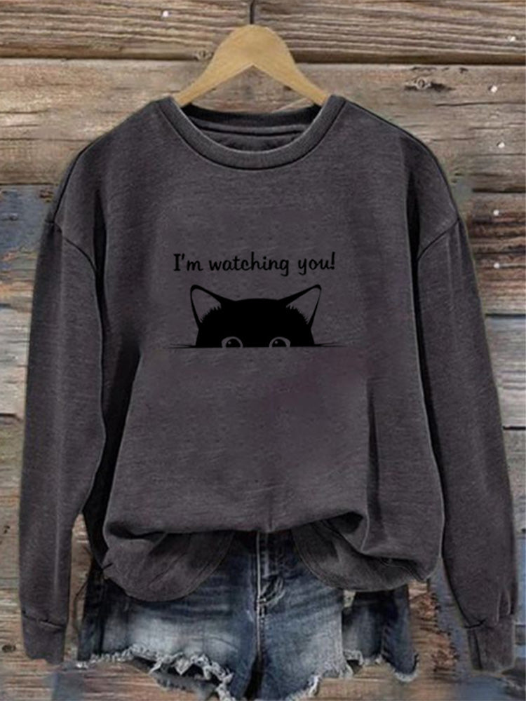 Comstylish I'm Watching You! Black Cat Print Sweatshirt