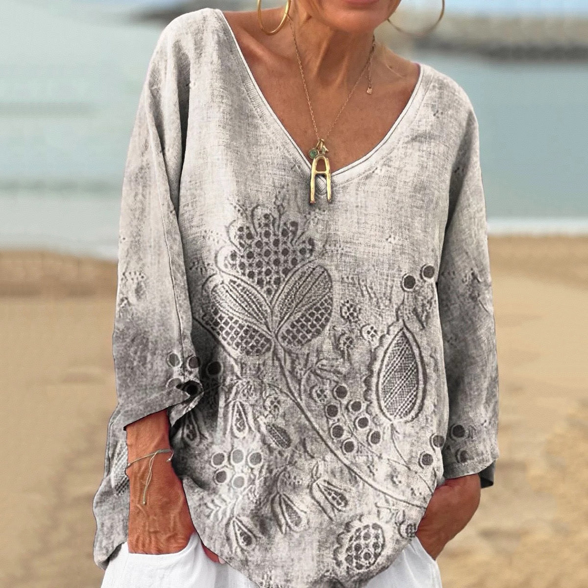 Vintage Embroidered Floral V-neck Linen Blend T-shirt artswardrobe