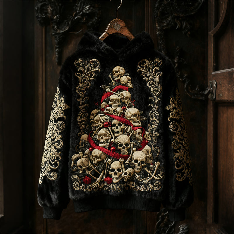 Comstylish Gothic Dark Christmas Tree Of Skulls Cozy Plush Hoodie