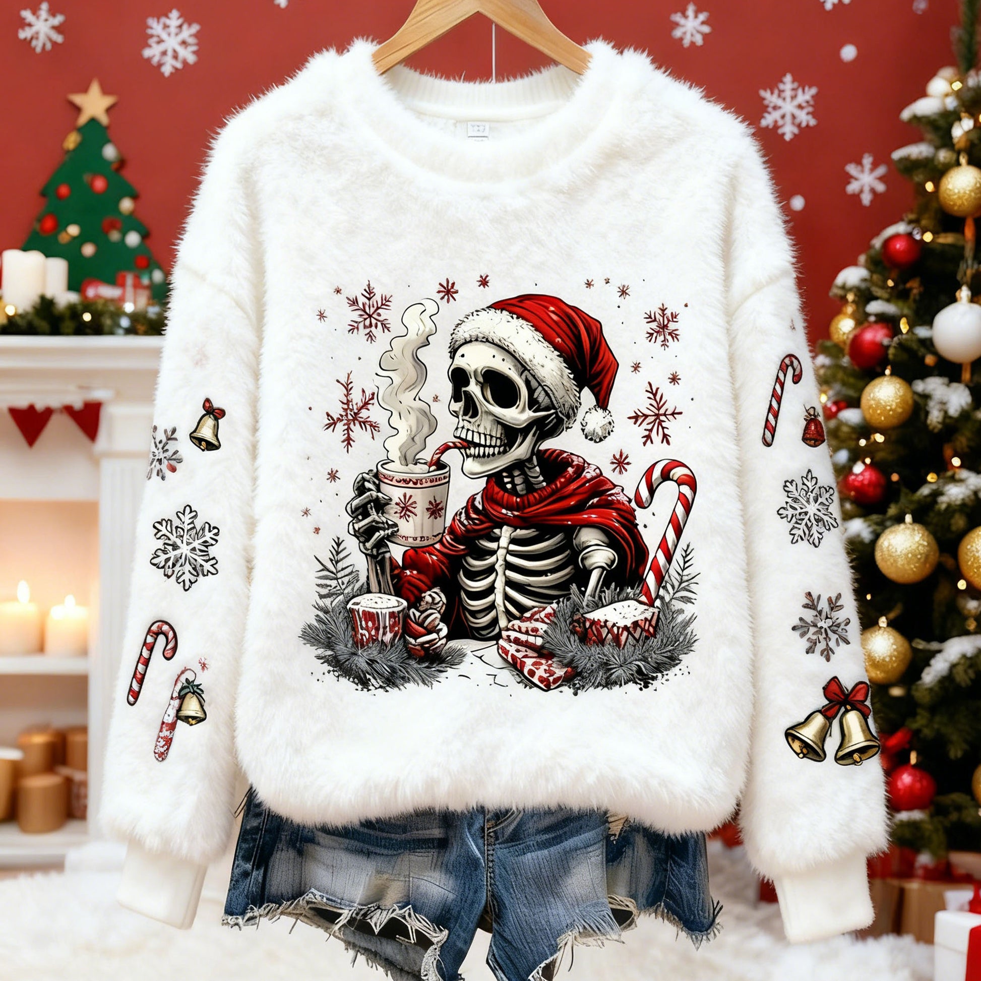 Comstylish Fun Skull Santa Claus Pattern Warm Crew Neck Sweater