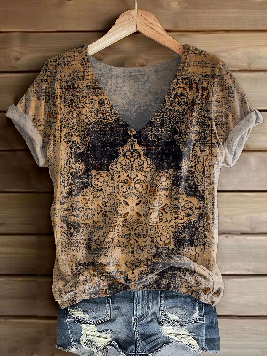 Women's Retro Ethnic Totem Print V-Neck Short Sleeve Cotton T-Shirt