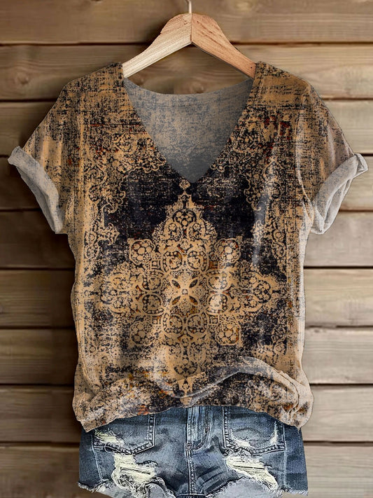 Women's Retro Ethnic Totem Print V-Neck Short Sleeve Cotton T-Shirt