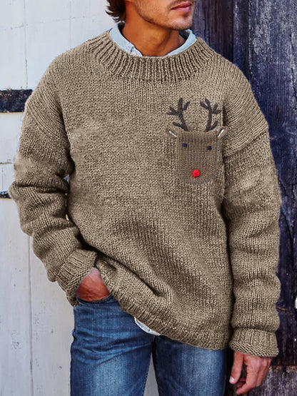 Comstylish Men's Christmas Reindeer Pocket Crochet Cozy Sweater