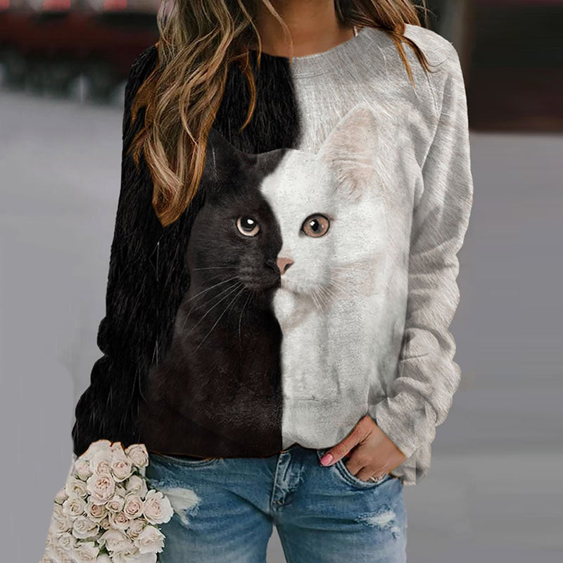 Women's Cat Print Crew Neck Sweatshirt elevenforest