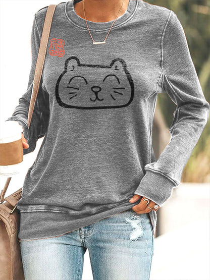 Japanese Art Cat Print Slim Casual Sweatshirt elevenforest
