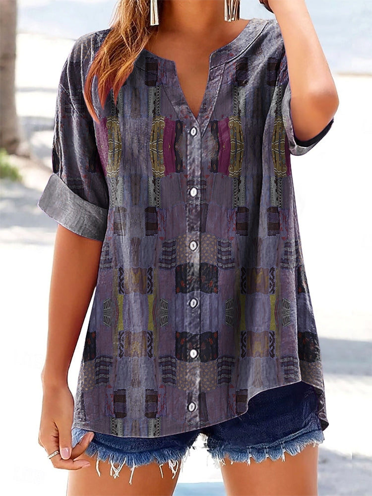 Women's Ethnic Patchwork Art Print Short-sleeved Cotton and Linen Shir
