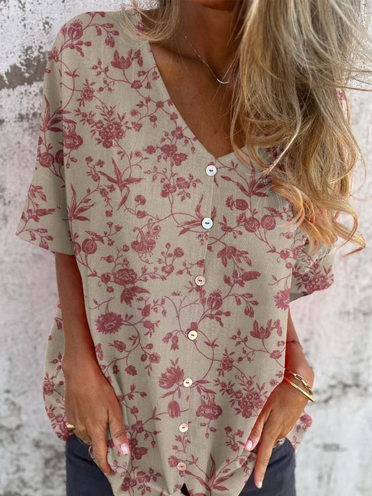 Women's Classic Elegant Floral Pattern Shirt Style Cotton and Linen Top