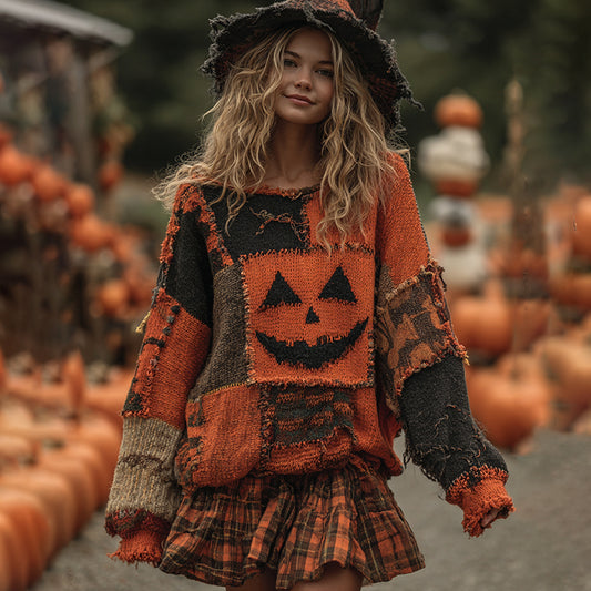 Vintage Patchwork Halloween Pumpkin Face Art Cozy Knit Sweater artswardrobe