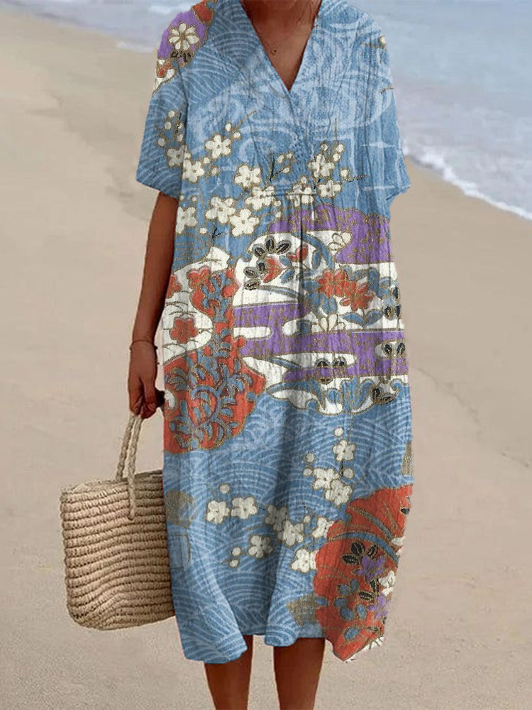 Vintage Japanese Art Sea Wave V-neck Linen Blend Maxi Dress