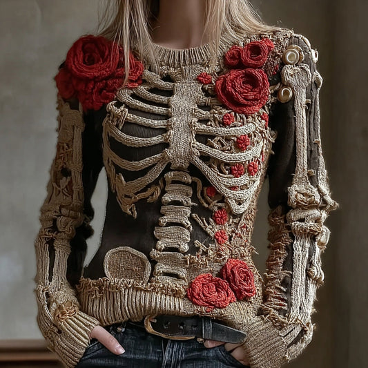 Women's Vintage Halloween Skeleton Red Rose Art Knit Pullover Sweater artswardrobe