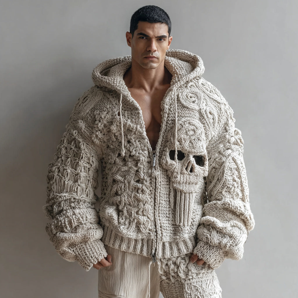 Men's Skull Pattern Cozy Knit Zip Up Hooded Sweater elevenforest