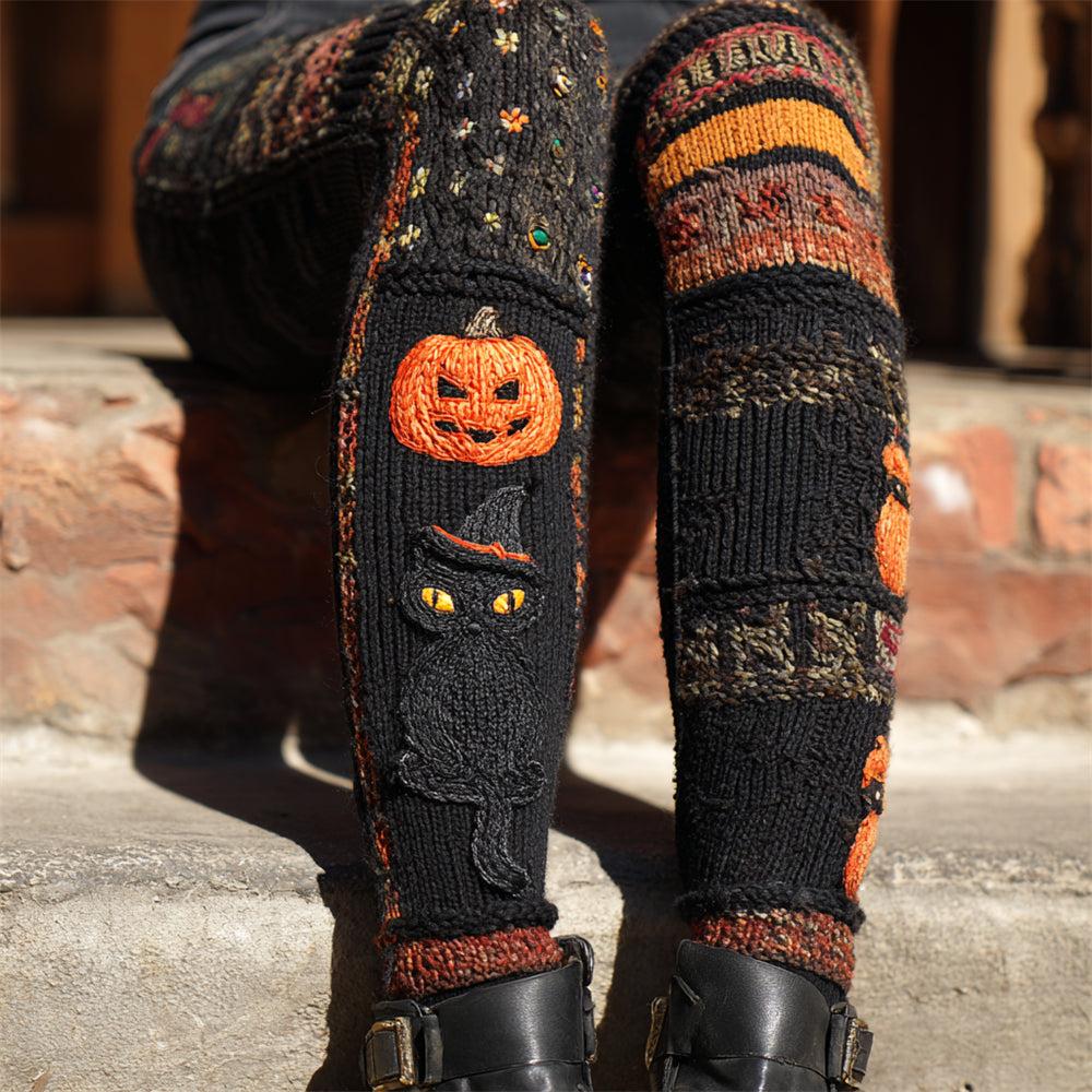 Halloween Black Cat & Pumpkin Lady Knit Leggings artswardrobe