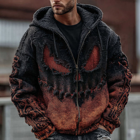 Men's Halloween Spooky Face Gradient Inspired Knitted Distressed Zipper Up Hooded Sweater artswardrobe