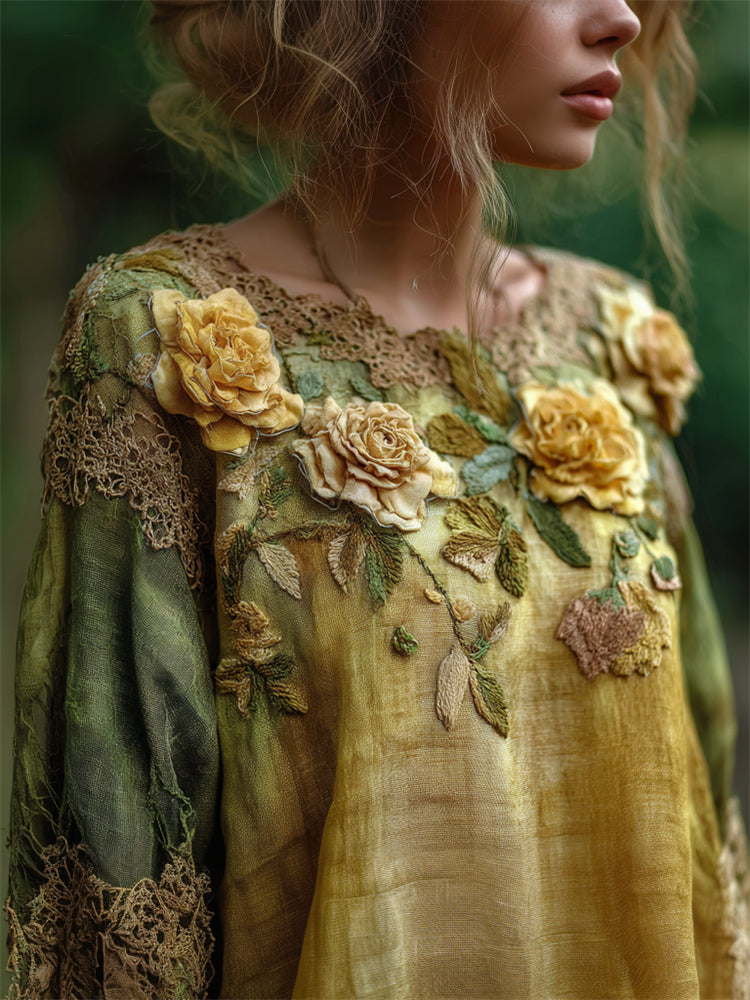 Comstylish Vintage Yellow Roses Lace Hem Contrast Linen Tunic
