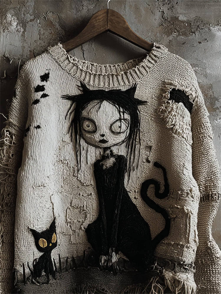Comstylish Halloween Gothic Girl & Black Cat Knit Art Cozy Sweater