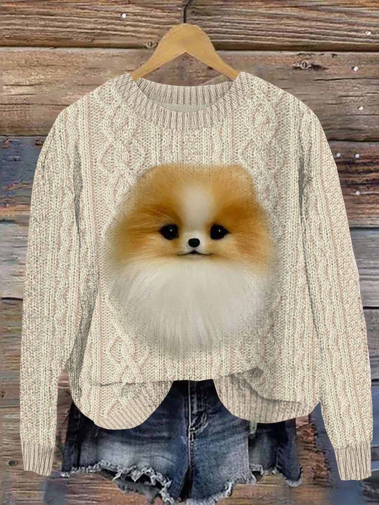 Comstylish Funny Pomeranian Puppy Embroidery Art Applique Cozy Sweater