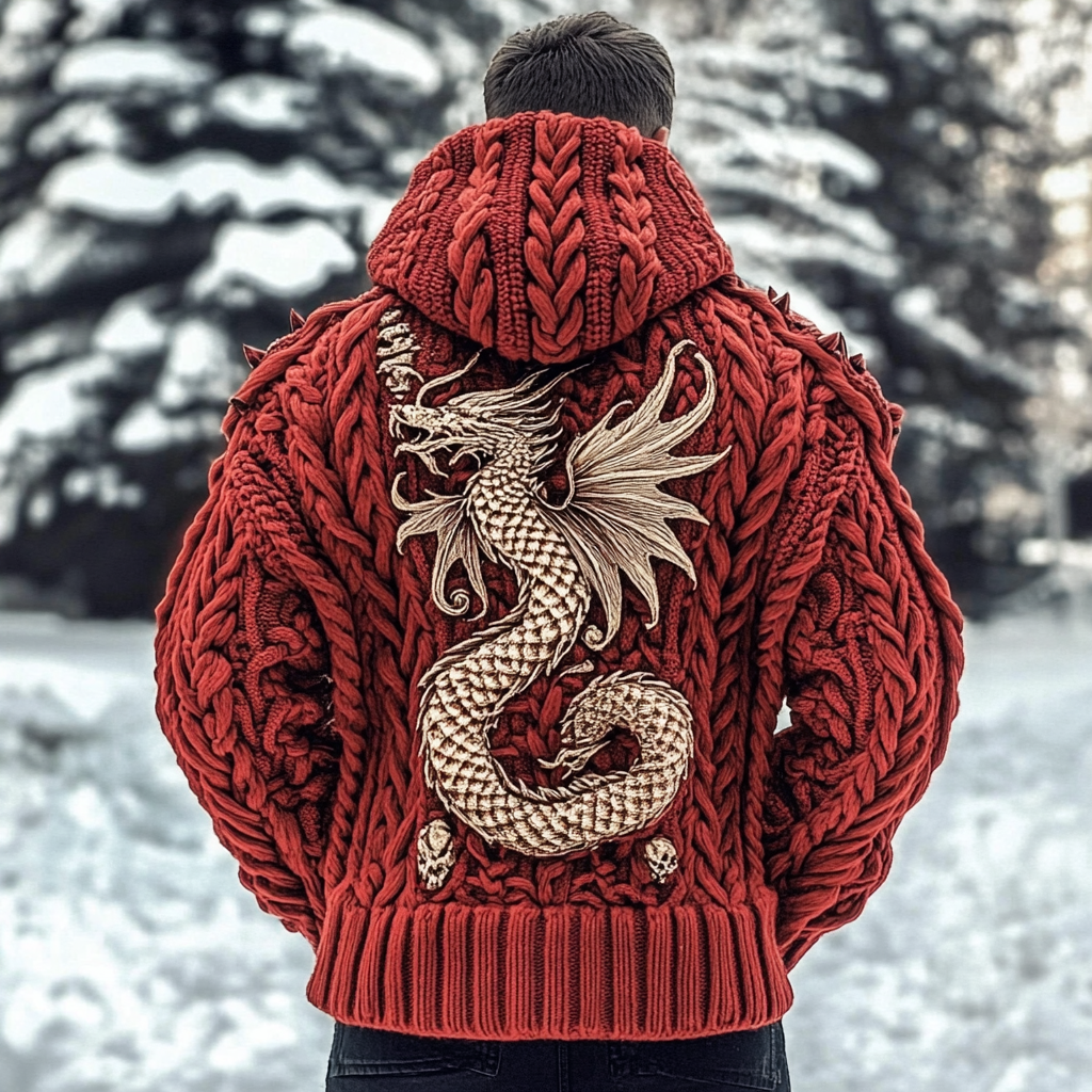 Men's Viking Dragon Style Knit Hooded Sweater artswardrobe