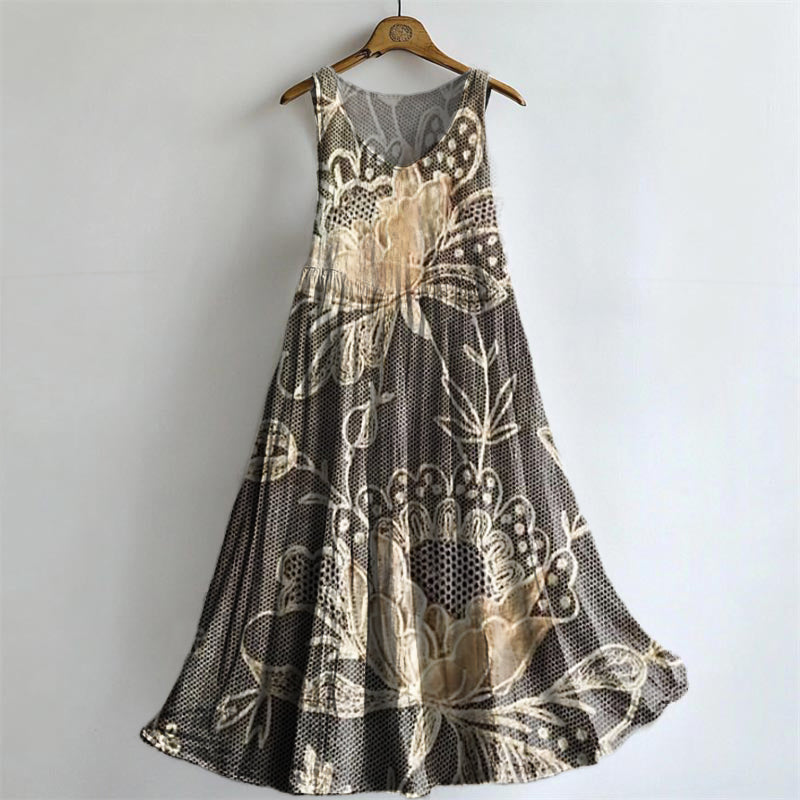 Women's Vintage Ethnic Lace Floral Art Print Sleeveless Cotton Pocket