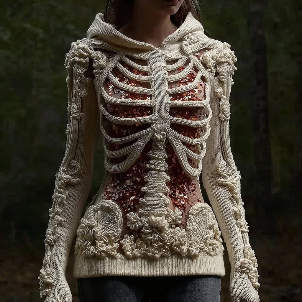 Halloween Skull Floral Knitted Warm Hooded Sweater artswardrobe