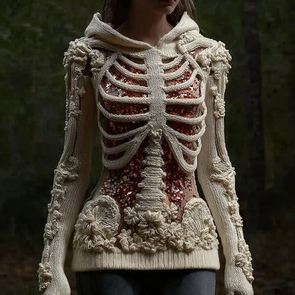 Halloween Skull Floral Knitted Warm Hooded Sweater artswardrobe