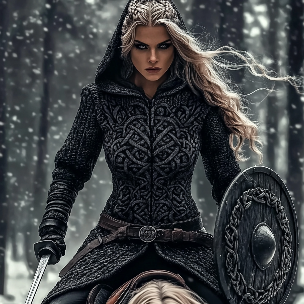 Women's Viking Tribal Jacquard Celtic Chunky Knit Zip-up Hooded Sweater artswardrobe