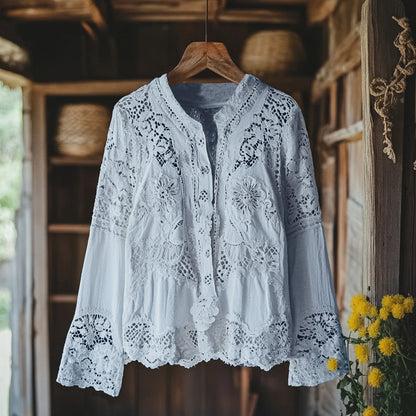 Comstylish Women's Retro Floral Lace Embroidery Art V-neck Shirt