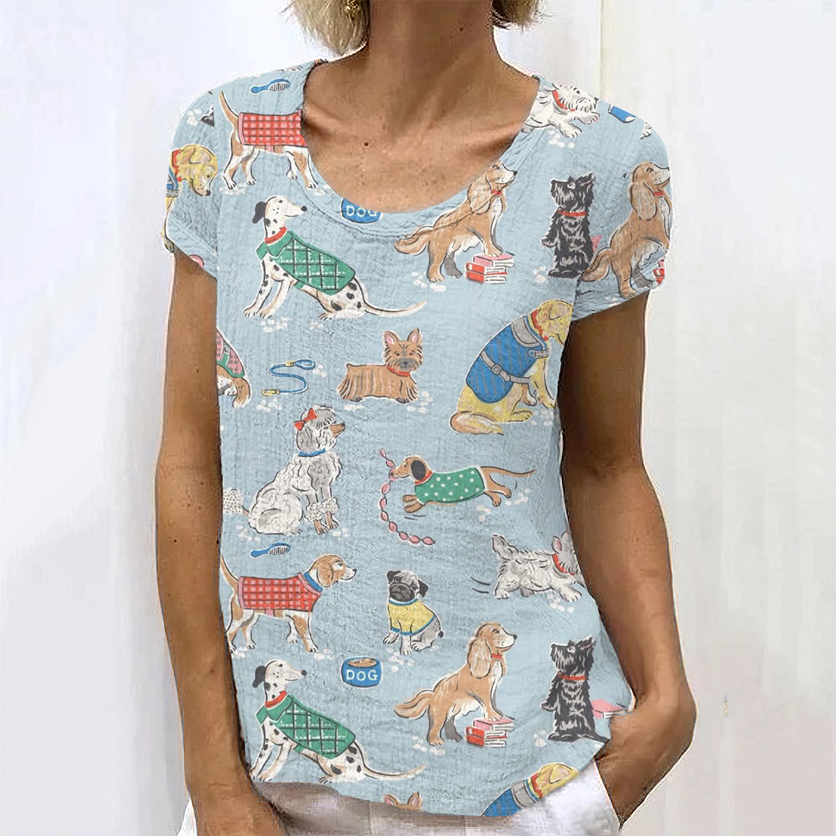 Comstylish Dog Art Print Crew Neck Linen Blend T-shirt