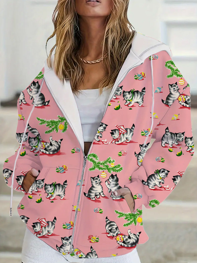 Vintage Christmas Cats Print Women's Zipper Hooded Sweatshirt elevenforest
