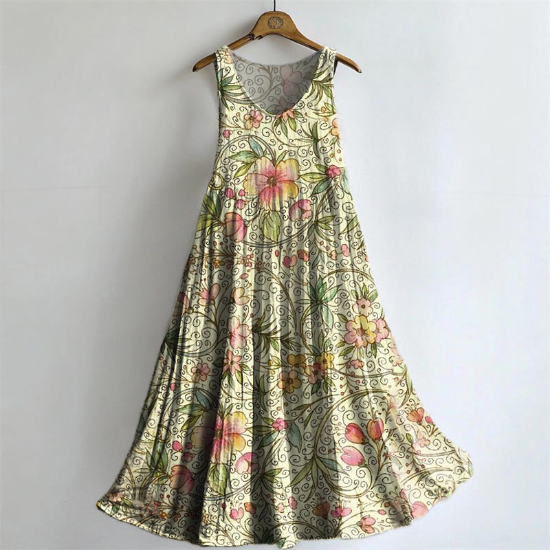 Vintage Floral-embellished Patterned Art Print Round Neck Sleeveless C