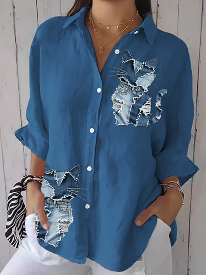 Women's Retro Funny Denim Patch Animal Cat Print Casual Shirt artswardrobe