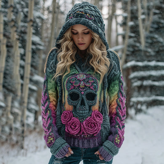 Women's Viking Tribal Jacquard Celtic With Rose And Skull Inspired Chunky Knit Hooded Sweater artswardrobe