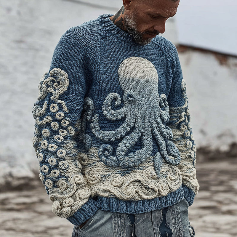 Men's Vintage Japanese Octopus Art Cozy Knit Sweater artswardrobe