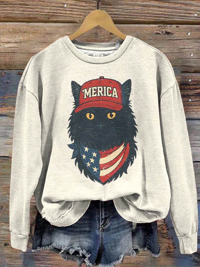 Comstylish Women's Merica Patriotic Black Cat Print Sweatshirt